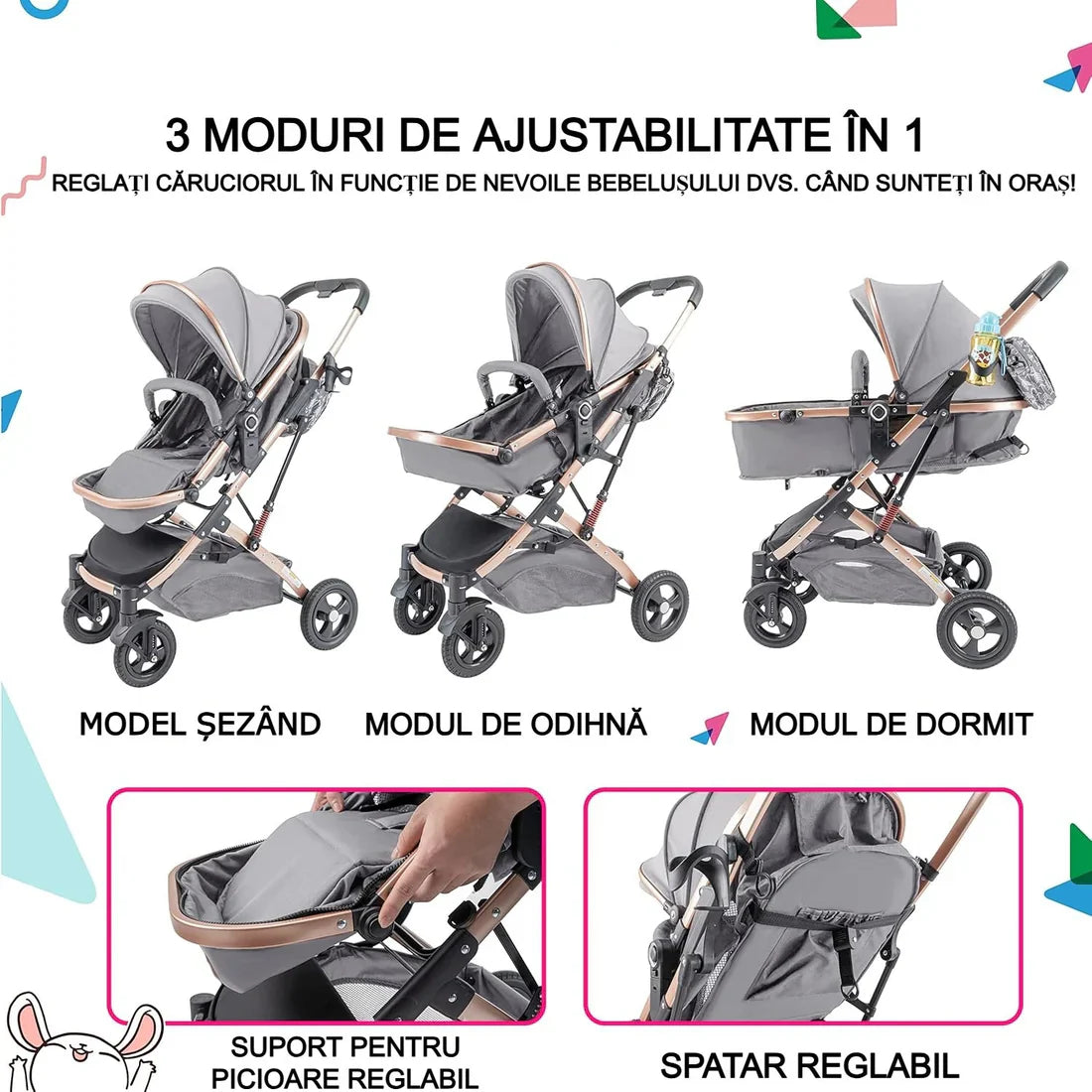 Carucior, 2 in 1 KIDOO® – Cărucior Pliabil cu Fața Inversă pentru Bebeluși cu Diverse Moduri, Cărucior Reglabil și Culisant vesiniu
