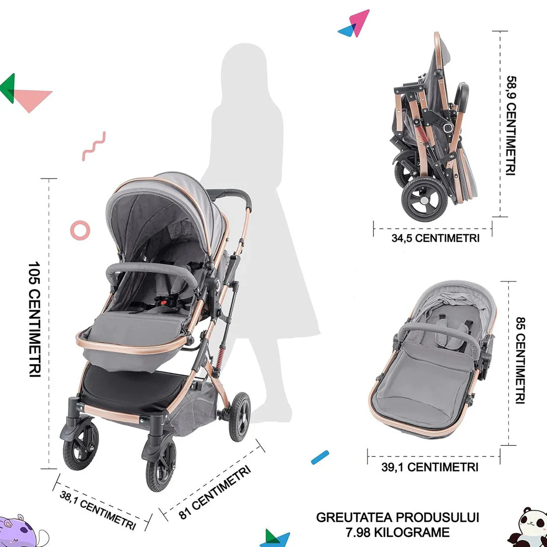Carucior, 2 in 1 KIDOO® – Cărucior Pliabil cu Fața Inversă pentru Bebeluși cu Diverse Moduri, Cărucior Reglabil și Culisant negru