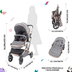 Carucior, 2 in 1 KIDOO® – Cărucior Pliabil cu Fața Inversă pentru Bebeluși cu Diverse Moduri, Cărucior Reglabil și Culisant negru