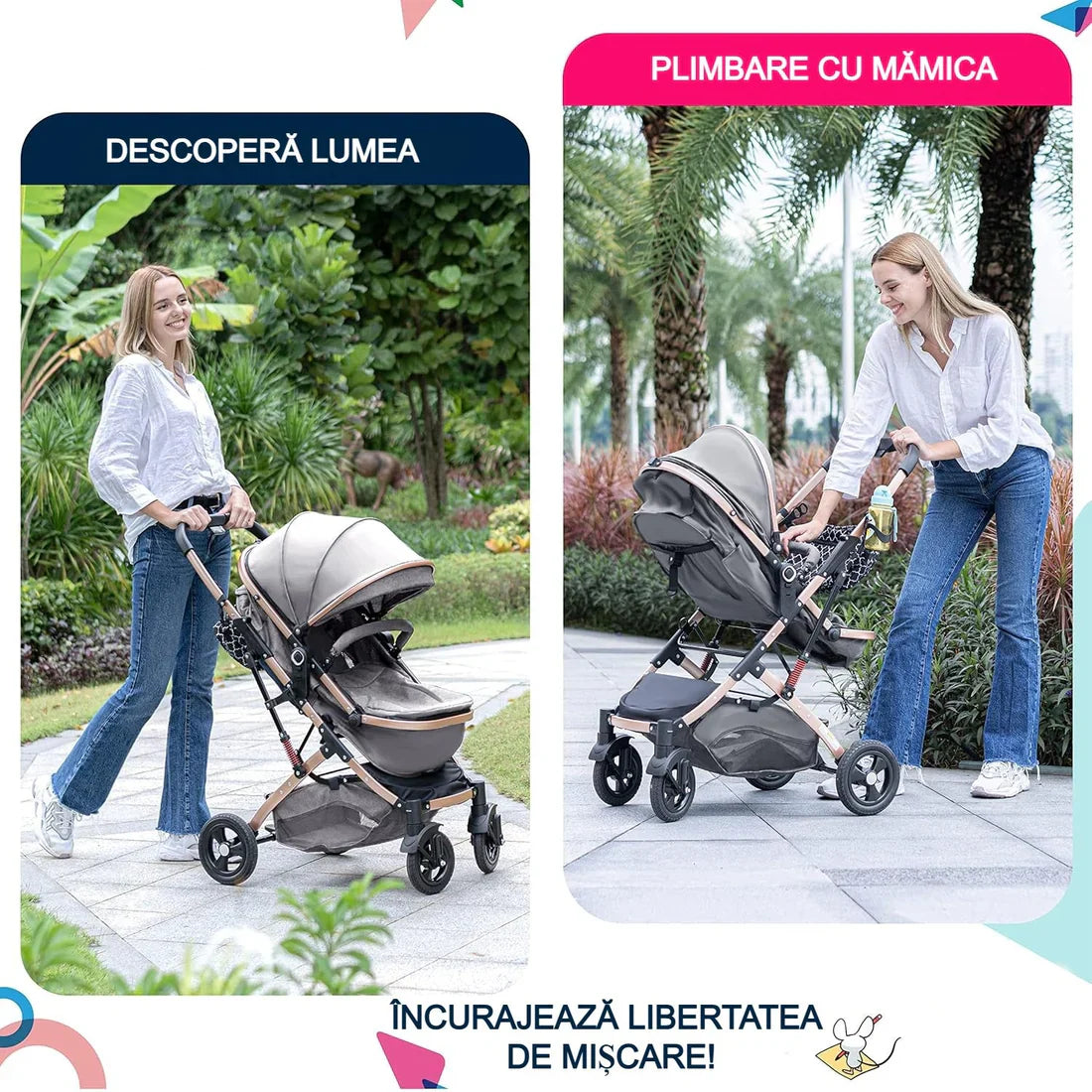 Carucior, 2 in 1 KIDOO® – Cărucior Pliabil cu Fața Inversă pentru Bebeluși cu Diverse Moduri, Cărucior Reglabil și Culisant negru