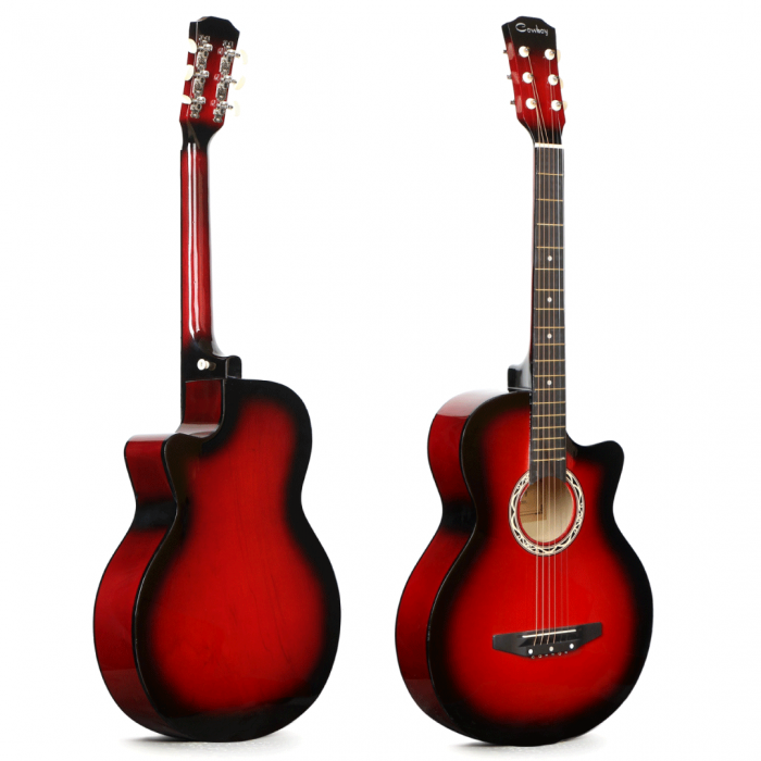 Chitara Acustica rosu negru – 6 Corzi Metalice 4/4,Recomandata Peste 11 Ani, Inclusiv Adulti