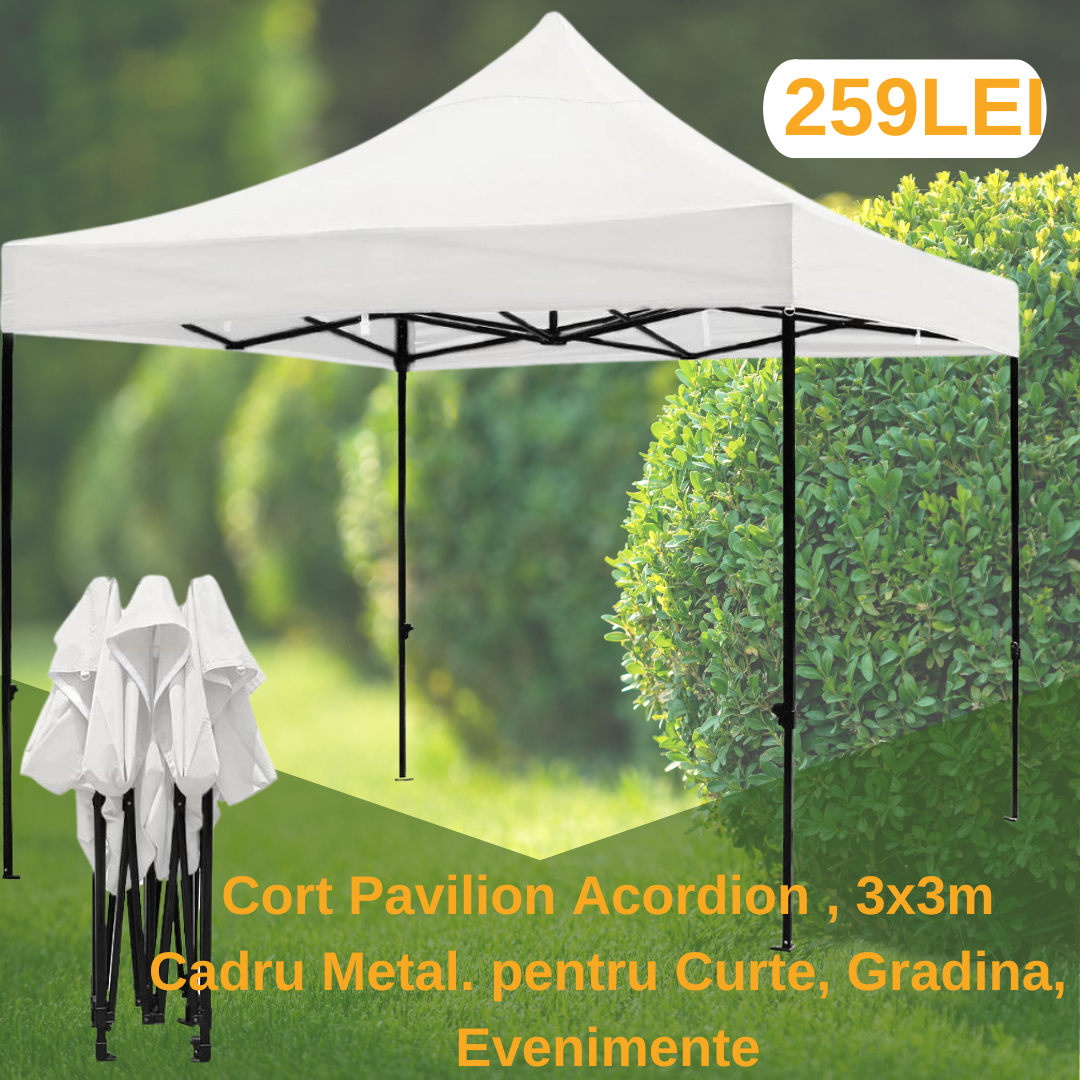 Cort Pavilion 3x3m Alb,albastru,verde si rosu Pliabil Cadru Metal pentru Curte, Gradina, Evenimente
