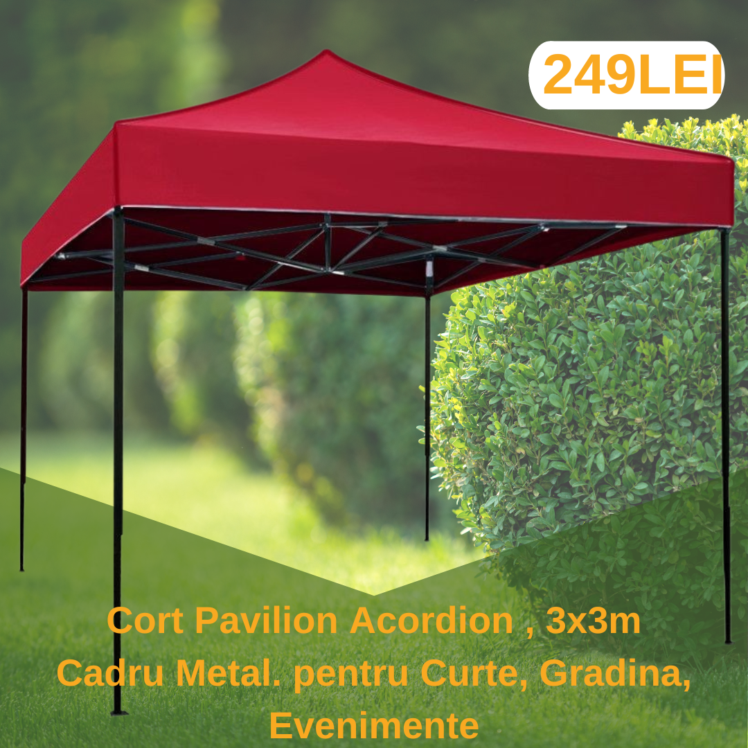 Cort Pavilion 3x3m ROSU Pliabil Cadru Metal pentru Curte, Gradina, Evenimente