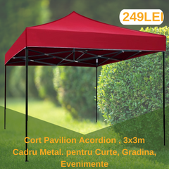Cort Pavilion 3x3m ROSU Pliabil Cadru Metal pentru Curte, Gradina, Evenimente