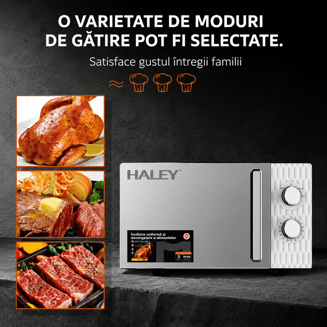 Cuptor Cu Microunde Haley HY-0017, 20L, 1100W, 5 Trepte De Putere, Timer, Încălzire 360°, Design Modern, Argintiu