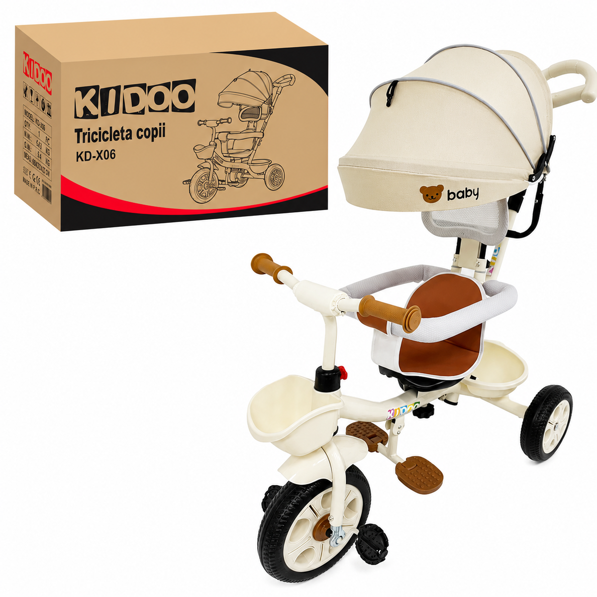 Tricicletă Evolutivă Kiddo KD-X06, Scaun Rotativ 360°, Poziție de Somn, Centură 5 Puncte, Copertină UV, Roți din Cauciuc, 9 Luni – 6 Ani