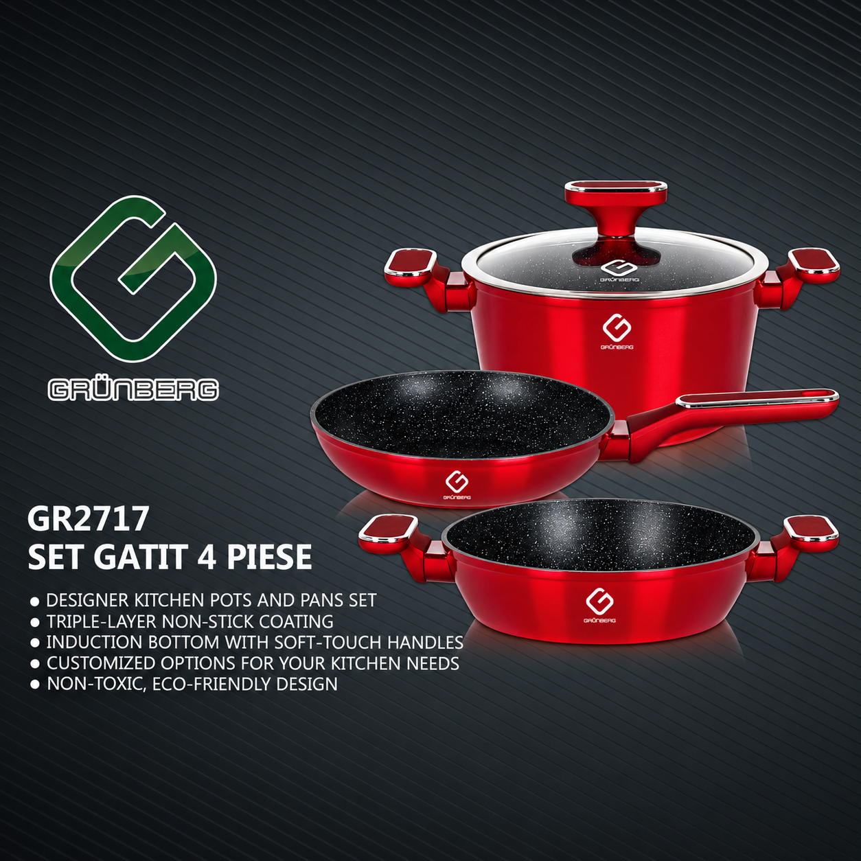 Set Vase Grunberg GR2717, 4 Piese, Aluminiu Turnat, Strat Antiaderent Marmorat, Capac din Sticlă, 24 cm, Compatibil cu Inducție