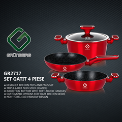 Set Vase Grunberg GR2717, 4 Piese, Aluminiu Turnat, Strat Antiaderent Marmorat, Capac din Sticlă, 24 cm, Compatibil cu Inducție