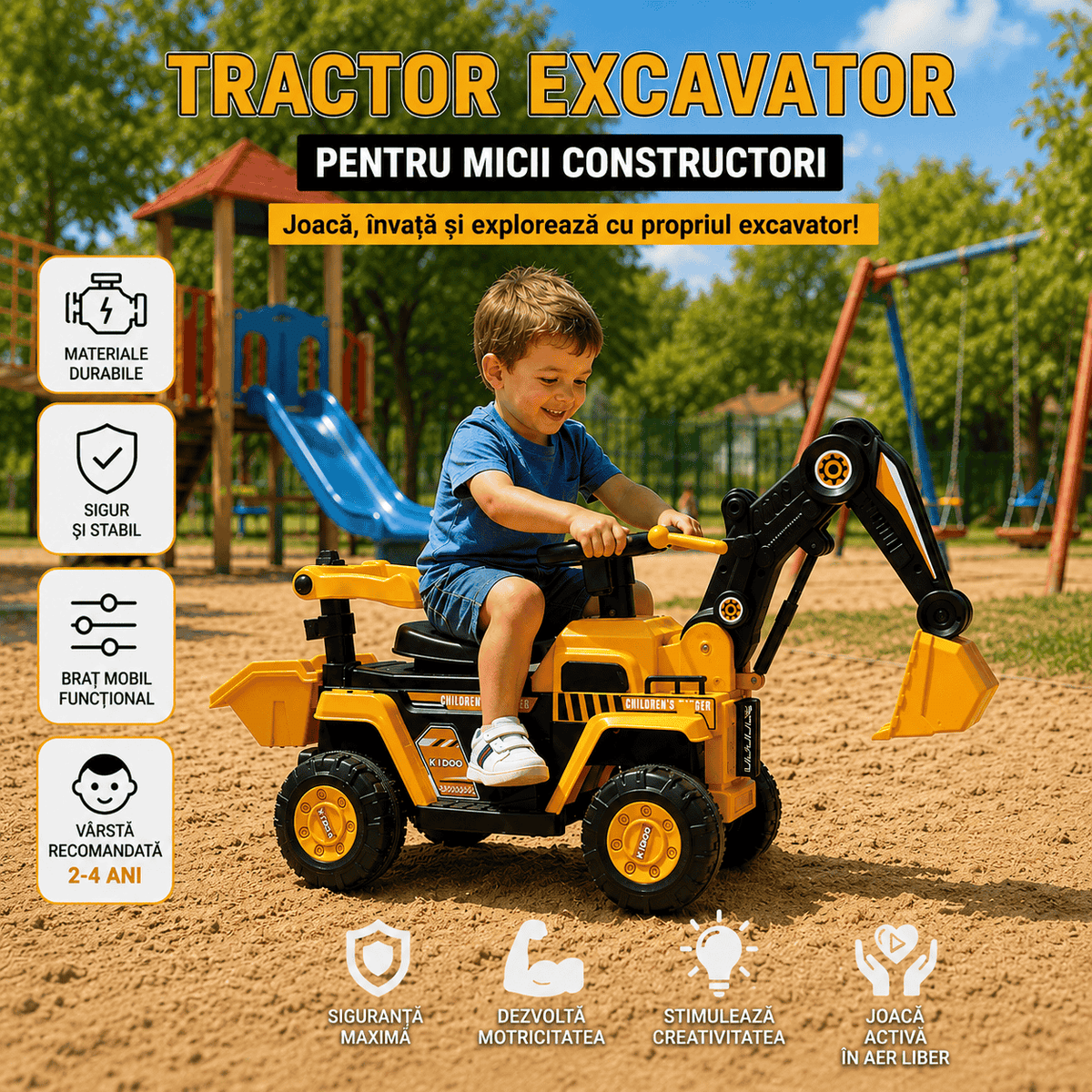 Tractor Excavator Electric Pentru Copii 2-4 Ani, Cu Braț Mobil, Cupă Funcțională, Volan Cu Sunete Și Pedală, Galben