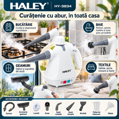 Aparat de Curățat cu Abur HALEY® HY-3934, Multifuncțional 10 în 1, 1000W, Presiune 3 Bar 300 kPa, Rezervor 350 ml, Abur Fierbinte peste 100°C, Curățare, Degresare și Igienizare Fără Substanțe Chimice