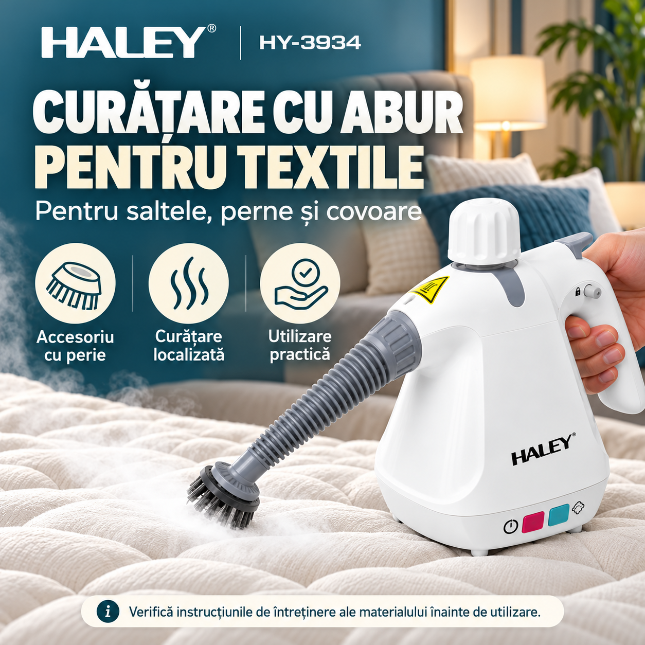 Aparat de Curățat cu Abur HALEY® HY-3934, Multifuncțional 10 în 1, 1000W, Presiune 3 Bar 300 kPa, Rezervor 350 ml, Abur Fierbinte peste 100°C, Curățare, Degresare și Igienizare Fără Substanțe Chimice