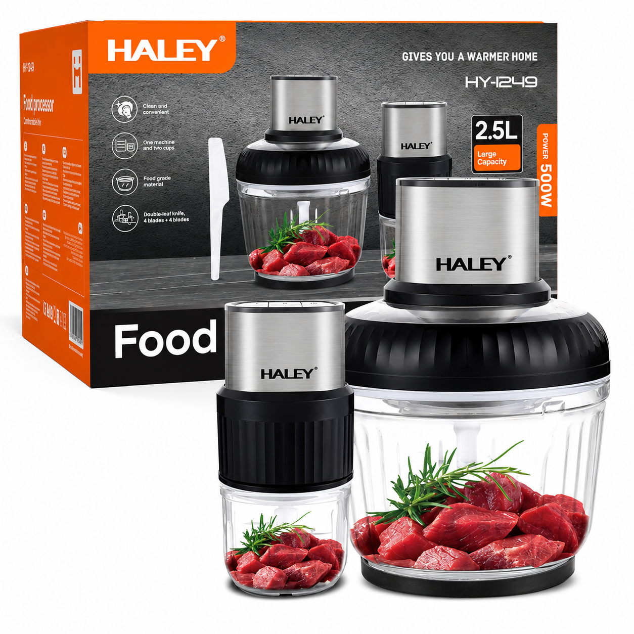 Tocător Electric Haley HY-1249, 500W, 2 Recipiente 2.5L + 0.5L, 3 Viteze, 4 + 6 Lame, Sticlă Borosilicată
