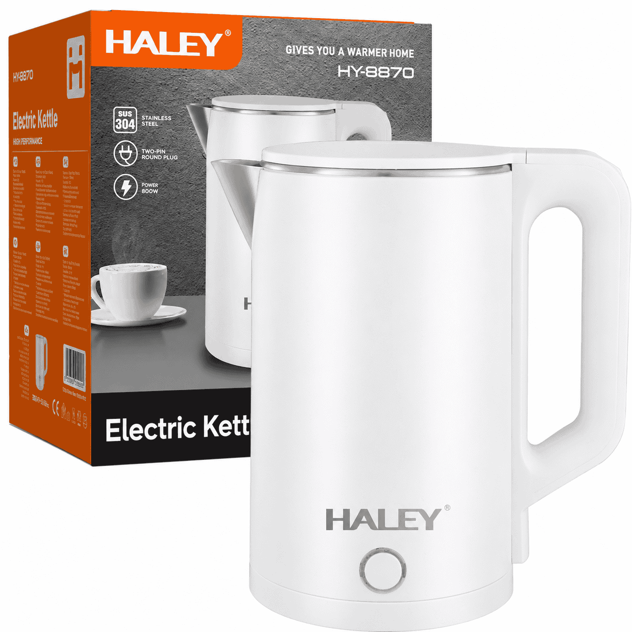 Fierbător Electric Haley HY-8870, 3L, 1800W, Oțel Inoxidabil SUS304, Bază Rotativă 360°, Oprire Automată