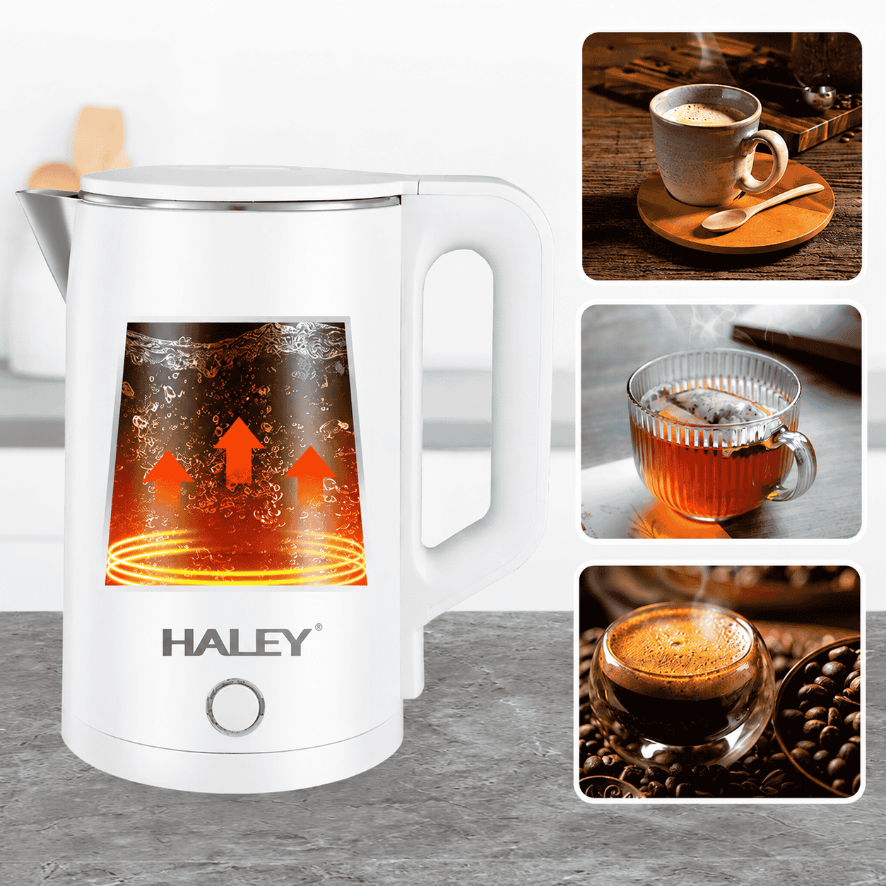 Fierbător Electric Haley HY-8870, 3L, 1800W, Oțel Inoxidabil SUS304, Bază Rotativă 360°, Oprire Automată