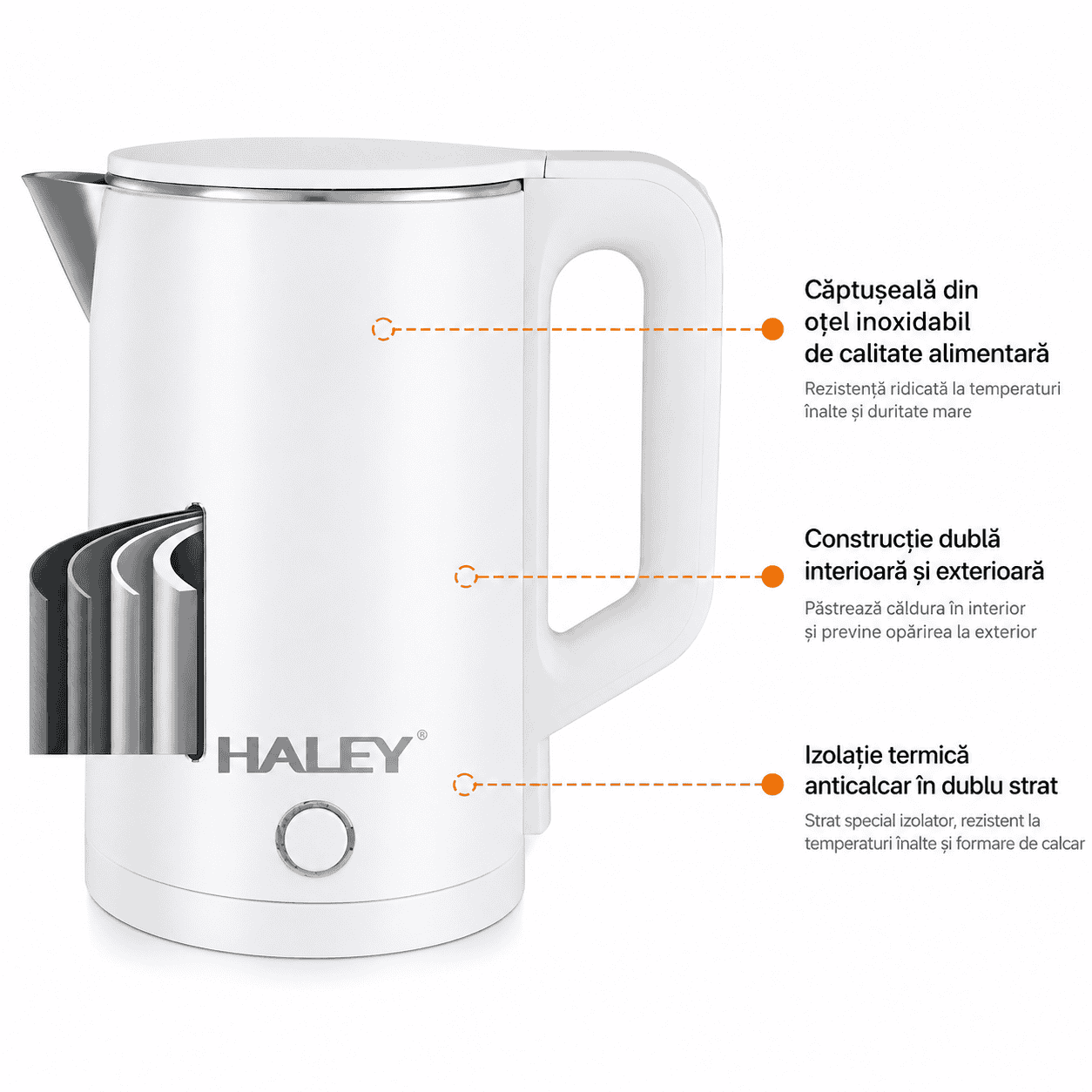 Fierbător Electric Haley HY-8870, 3L, 1800W, Oțel Inoxidabil SUS304, Bază Rotativă 360°, Oprire Automată