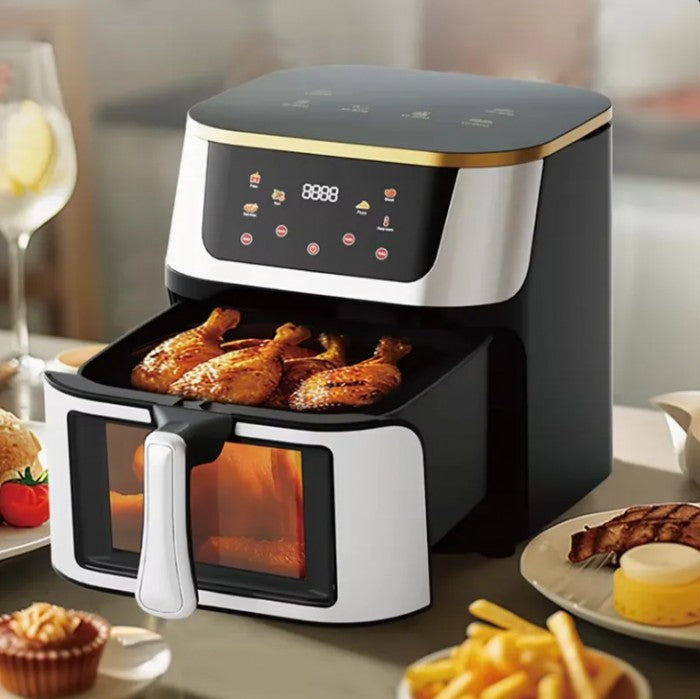Friteuză cu Aer Cald 10L AT PERFORMANCE® – 2400W, Display Digital Touch, 8 Programe, cu Geam, Neagră + CADOU 50 Hârtii de Copt