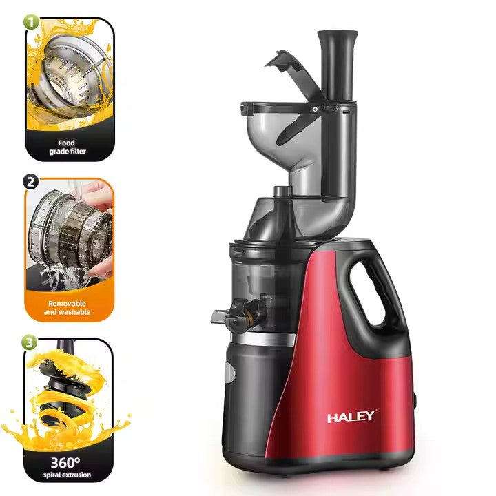 Storcător Electric Fructe și Legume HALEY 150W – Inox, Sistem Anti-Alunecare, Design Roșu/Negru, Eficient și Compact