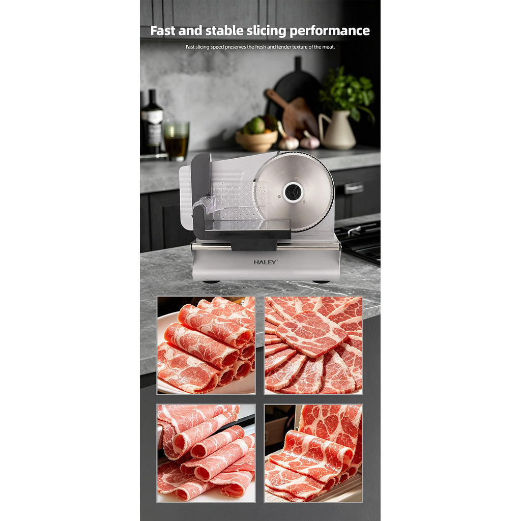 Feliator Electric de Alimente HALEY® HY-1329, Putere Maximă 800W, Lamă din Oțel Inoxidabil de 190 mm, Grosime de Tăiere Reglabilă 0–15 mm, Carcasă din Aluminiu Turnat, Protecție pentru Degete, Împingător Transparent cu Protecție