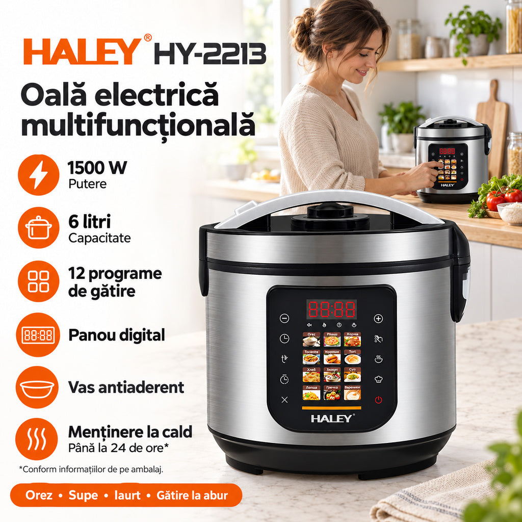 Oală Electrică Multifuncțională pentru Gătit HALEY® HY-2213, 1500W, Capacitate 6 Litri, Panou Digital cu 12 Programe de Gătire, Vas Interior cu Strat Antiaderent, Gătire Rapidă, Economie de Energie