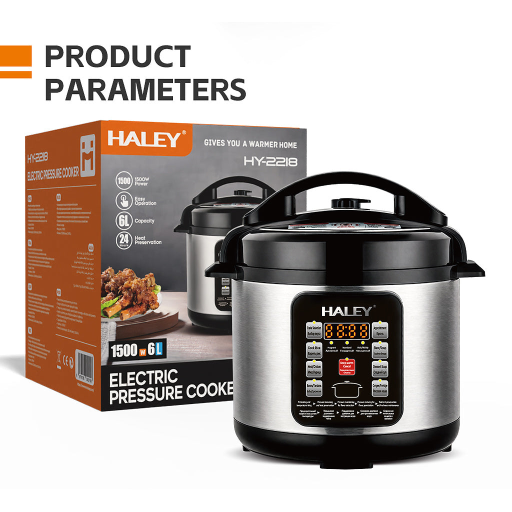 HALEY Vezi toate produsele Oală Electrică sub Presiune Multifuncțională HALEY® HY-2218, 1500W, Capacitate 6 Litri, Panou Digital cu Programe de Gătire, Vas Interior cu Strat Antiaderent, Gătire Rapidă, Economie de Energie