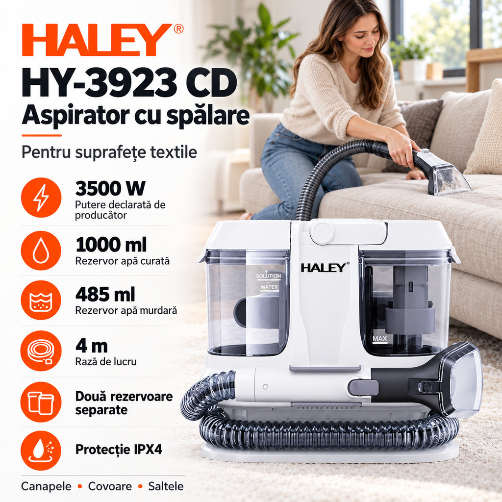 Aspirator cu Spălare pentru Tapițerie, Canapele, Covoare și Saltele HALEY® HY-3923 CD, 3500W, Rezervor Apă Curată 1000 ml, Apă Murdară 485 ml, Furtun 4 m, Curățare Pete, IPX4