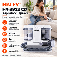 Aspirator cu Spălare pentru Tapițerie, Canapele, Covoare și Saltele HALEY® HY-3923 CD, 3500W, Rezervor Apă Curată 1000 ml, Apă Murdară 485 ml, Furtun 4 m, Curățare Pete, IPX4