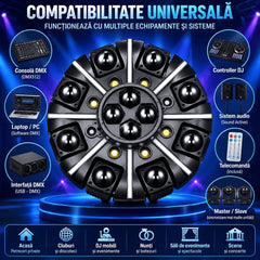 Moving Head Profesional RGBW cu Laser Roșu, Stroboscop, 8×10W + 8×3W LED, DMX512 26 Canale, Sound Active, Auto, Master/Slave și Telecomandă