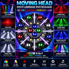 Moving Head Profesional RGBW cu Laser Roșu, Stroboscop, 8×10W + 8×3W LED, DMX512 26 Canale, Sound Active, Auto, Master/Slave și Telecomandă