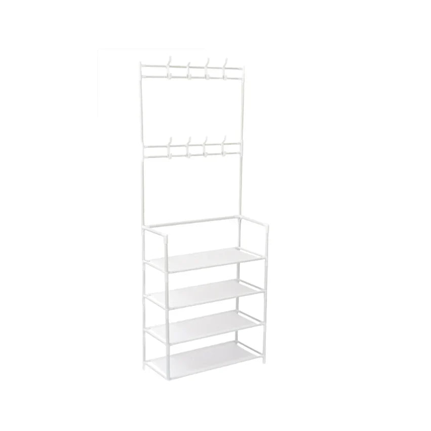 Cuier AT PERFORMANCE®, cu 4 Rafturi Pentru Incaltaminte, 8 Carlige, Metalic, Alb, 60 x 29.5 x 154 cm