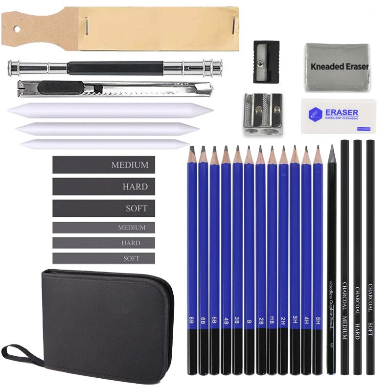 Set de desen, AT PERFORMANCE, Creioane H&amp;B Sketch, Carbune, Grafit, Accesorii, penar practic