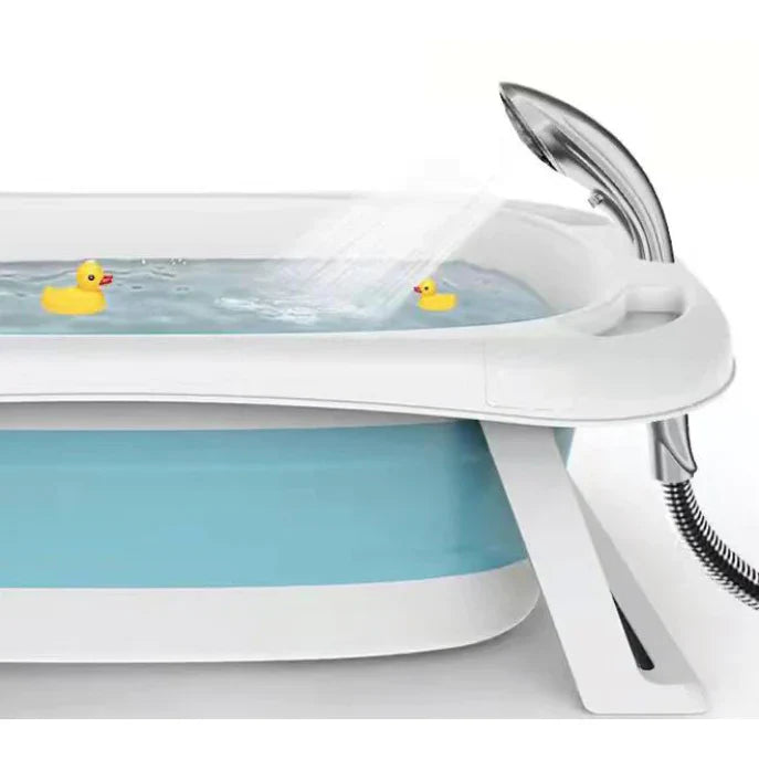 Cadita pliabila cu termometru incorporat si perna, Dimensiuni 83 x 50 x 20 cm, Material PP/TPE, Pliere rapida, Usor de utilizat, Picioare antiderapante, Varsta 0-3 ani, Structura Solida, Culoare Albastru