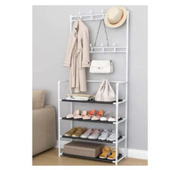 Cuier AT PERFORMANCE®, cu 4 Rafturi Pentru Incaltaminte, 8 Carlige, Metalic, Alb, 60 x 29.5 x 154 cm
