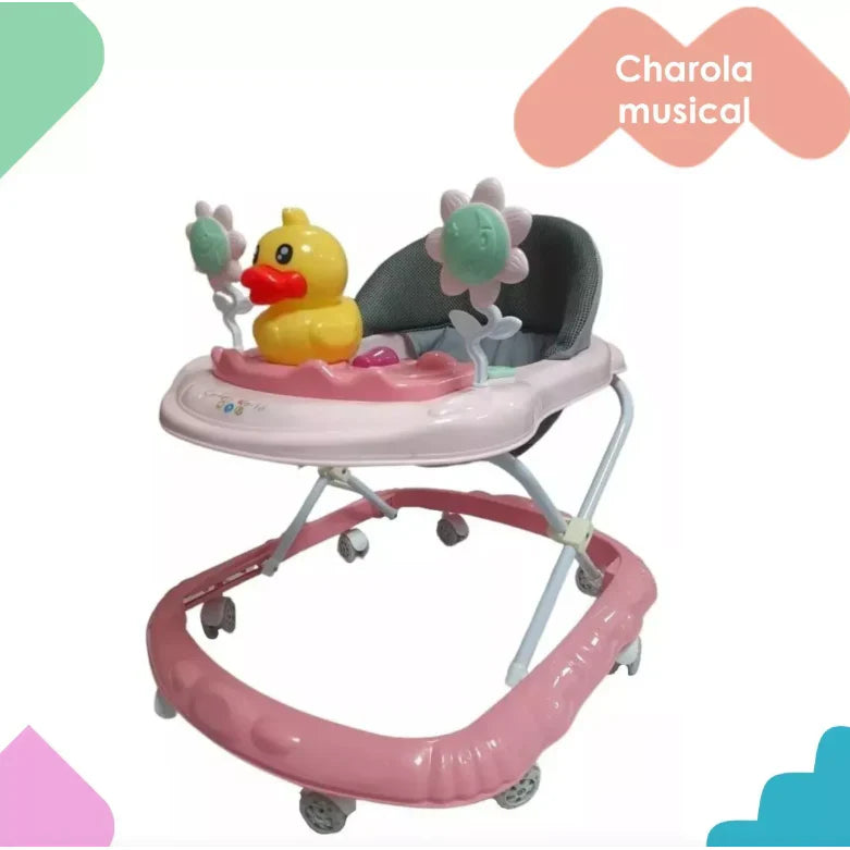 Premergator pliabil si muzical, AT PERFORMANCE®, cu roti de silicon, Ratusca, 2 flori, Roz