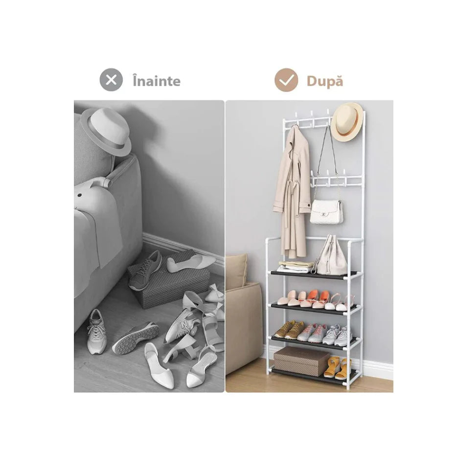 Cuier AT PERFORMANCE®, cu 4 Rafturi Pentru Incaltaminte, 8 Carlige, Metalic, Alb, 60 x 29.5 x 154 cm
