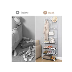 Cuier AT PERFORMANCE®, cu 4 Rafturi Pentru Incaltaminte, 8 Carlige, Metalic, Alb, 60 x 29.5 x 154 cm