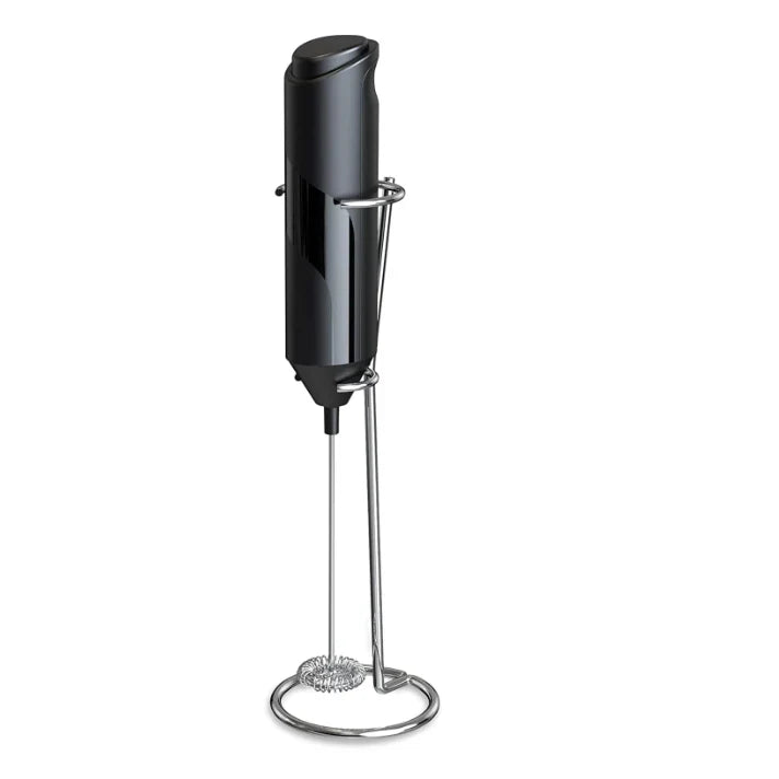 Mixer spuma lapte, At Performance, Electric cu baterie, bauturi calde/reci, maner izolat termic, otel inoxidabil, Pentru latte, ciocolata calda, cappuccino, frappe, usor de folosit cu suport metalic