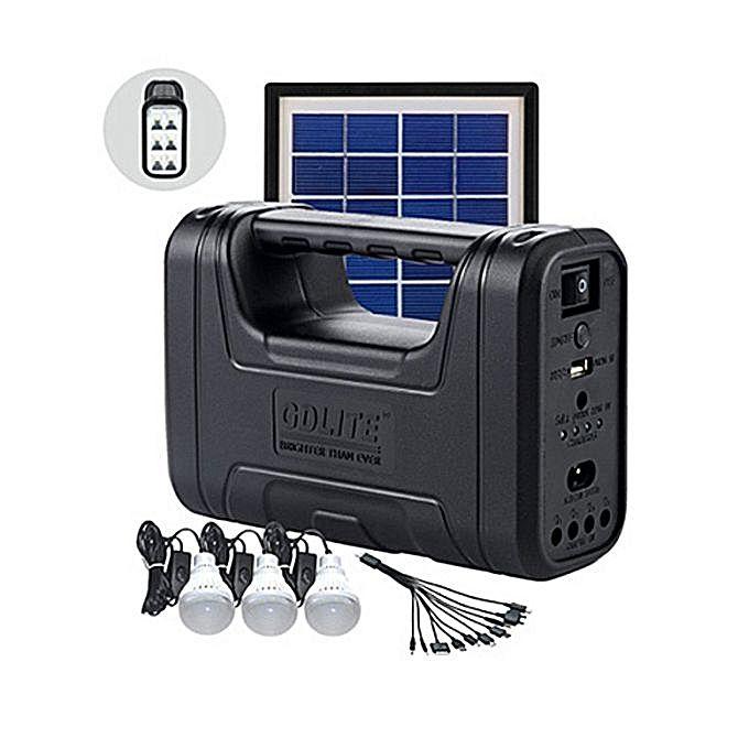 Sistem Solar pentru Camping cu 3 Becuri, Panou Solar Inclus, Port USB, Radio FM, MP3 Player, Lanterna cu Led-uri, Tensiune 110 - 240 V, 50/60 Hz, Design Modern, Negru