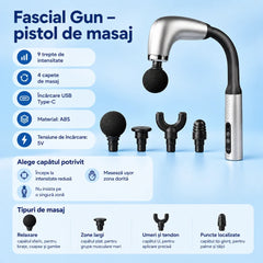 Pistol de Masaj Fascia Gun AT PERFORMANCE®, 4 Capete Interschimbabile, 9 Trepte de Viteză, Ecran LCD, Încărcare Type-C Gri