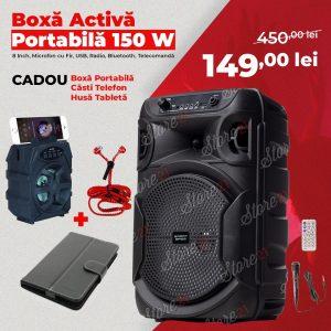 Boxa Activa Portabila  150 W , 8 Inch ,Microfon Cu Fir, USB, Radio, Bluetooth,Telecomandă+Cadou boxa portabila+casti telefon+husa tableta