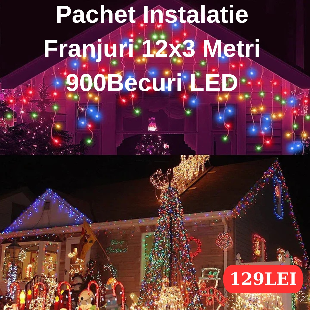 PACHET 3X Instalatie Franjuri 12 Metri, 3 x 300 Becuri LED ALB,Multicolor,ALBASTRU